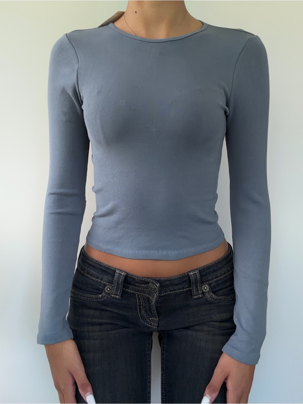 Zara BACKLESS Women's Long Sleeve Crewneck Top in Dusty Blue